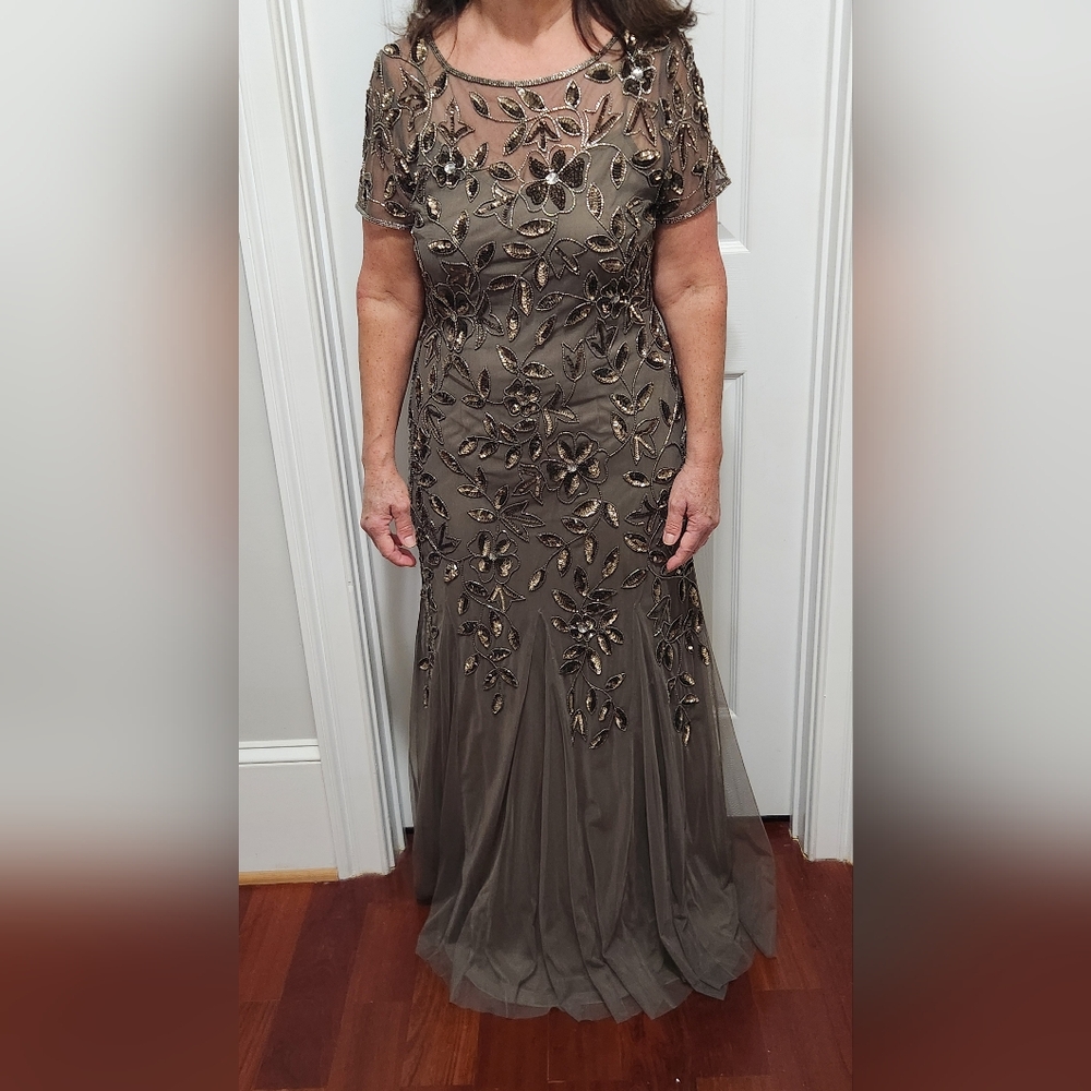 Embellished Taupe Floral Evening Dress